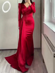 Mermaid / Trumpet Evening Gown Elegant Dress Formal Wedding Guest Floor Length Short Sleeve V Neck African American Satin with Ruched Appliques