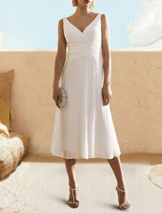 A-Line Cocktail Dresses Open Back Dress Formal Wedding Guest Tea Length Sleeveless V Neck Chiffon with Ruched Pure Color 2025