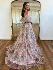 Aimishang A-Line Prom Dresses Floral Dress Wedding Guest Quinceanera Floor Length Short Sleeve Sweetheart Tulle with Ruffles