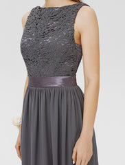 Sheath / Column Bateau Floor Length Chiffon / Floral Lace Bridesmaid Dress with Lace / Sash / Ribbon / Pleats