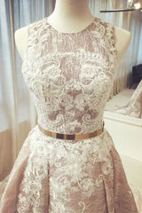 A line Round Neck Sleeveless Ruched Lace Long Prom Wedding Dress with Belt