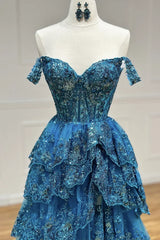 Vintage Sweetheart Sequin A-Line Sweetheart Evening Gown Off-the-shoulder Party Dress Tiered Floor Length Formal Dress HZ1024