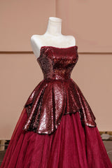 Burgundy Tulle Sequins Long Prom Dress, A-Line Strapless Evening Party Dress