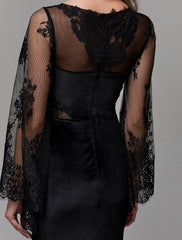 Sheath / Column Elegant Dress Wedding Guest Engagement Floor Length Long Sleeve Illusion Neck Lace with Lace Insert