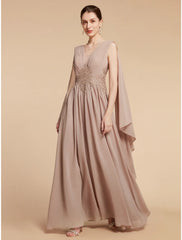 Aimishang  A-Line Mother of the Bride Dress Wedding Guest Elegant V Neck Ankle Length Chiffon Lace Sleeveless with Ruching Solid Color