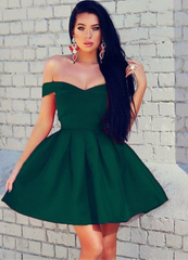 Short Satin Off Shoulder emerald green Homecoming Dress MY1298