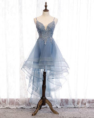 Lovely Blue High Low V-neckline Straps Party Dress, New Straps Prom Dress