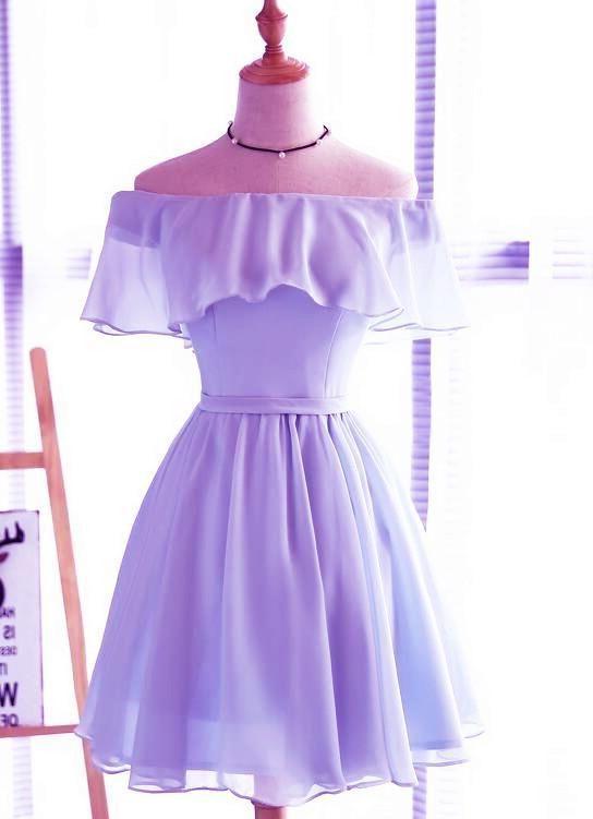 Lavendel Chiffon Off Shoulder Short Bruidsmeisje jurken, schattige thuiskomstjurk, mooie feestjurken