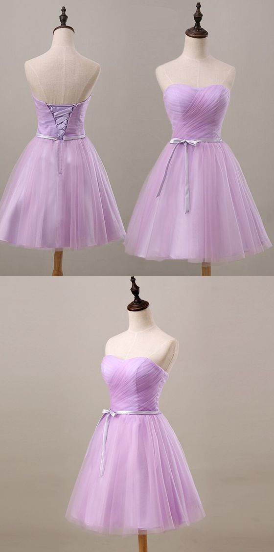 Jeugdige lavendel Homecoming -jurk, Sweetheart Short Prom Party -jurk, ruches met sjerp bruidsmeisje jurk