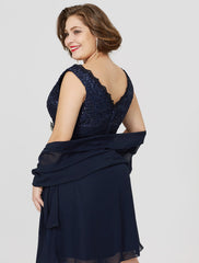 Aimishang A-Line Mother of the Bride Dress Classic & Timeless Plus Size Wrap Included V Neck Knee Length Chiffon Lace Sleeveless yes with Ruched Crystal Brooch