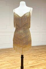 Gold V-Neck Blouson-Style Fringed Homecoming Dress