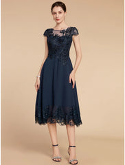 Aimishang  A-Line Mother of the Bride Dress Wedding Guest Elegant Petite Scoop Neck Tea Length Chiffon Lace Cap Sleeve with Sequin Ruching Solid Color