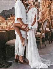 Wholesale Beach Sexy Boho Wedding Dresses A-Line V Neck Long Sleeve Sweep / Brush Train Lace Bridal Gowns With Appliques Split Front