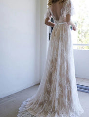 Beach Sexy Wedding Dresses in Color Boho Wedding Dresses A-Line V Neck Short Sleeve Sweep / Brush Train Lace Bridal Gowns With Sashes / Ribbons Sash / Ribbon