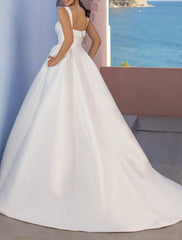Hall Casual Wedding Dresses A-Line Square Neck Regular Straps Sweep / Brush Train Satin Bridal Gowns