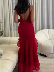 A-Line Evening Gown Elegant Dress Formal Ankle Length Christmas Red Green Dress Sleeveless Scoop Neck Stretch Chiffon with Ruffles Slit