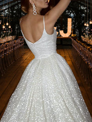 Aimishang Hall Sparkle & Shine Casual Wedding Dresses A-Line Camisole V Neck Spaghetti Strap Sweep / Brush Train Sequined Bridal Gowns With Solid Color