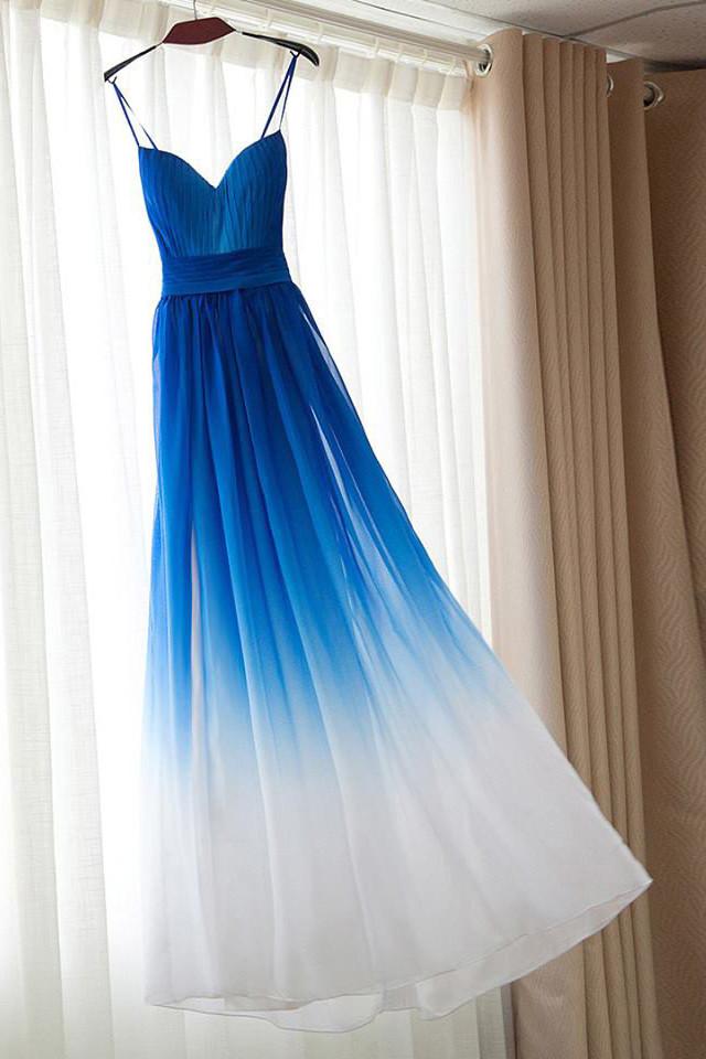 Spaghetti -band Royal Blue Ombre bruidsmeisje jurken, chiffon prom -jurk, een lijn bruidsmeisje jurk