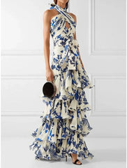 Women's Long Dress Maxi Dress Party Dress Homecoming Dress Cocktail Dress Print Classic Elegant Dress Party Outdoor Wedding Guest Ruffle Zipper Sleeveless Halter Dress Regular Fit Blue Summer