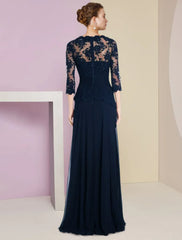 Aimishang A-Line Mother of the Bride Dress Formal Wedding Guest Elegant Scoop Neck Floor Length Chiffon Lace Half Sleeve with Pleats Appliques Crystal Brooch
