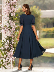 A-Line Mother of the Bride Dress Plus Size Elegant Jewel Neck Tea Length Chiffon Short Sleeve with Pleats Solid Color
