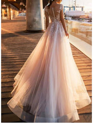 Beach Wedding Dresses A-Line Illusion Neck Cap Sleeve Floor Length Lace Bridal Gowns With Pleats Ivory