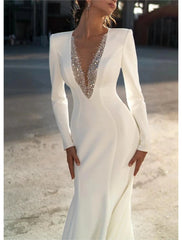 Formal Wedding Dresses Mermaid / Trumpet V Neck Long Sleeve Sweep / Brush Train Chiffon Bridal Gowns With Beading