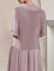 Two Piece A-Line Mother of the Bride Dress Formal Wedding Guest Elegant V Neck Asymmetrical Tea Length Chiffon Lace Short Sleeve Wrap Included with Pleats Appliques
