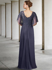 A-Line Plus Size Curve Mother of the Bride Dress Elegant V Neck Floor Length Chiffon Lace Short Sleeve with Beading Sequin