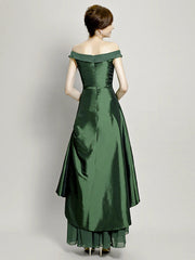 A-Line Mother of the Bride Dress Elegant High Low Off Shoulder Asymmetrical Chiffon Taffeta Short Sleeve with Pick Up Skirt Bow(s)