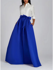 A-Line Evening Gown Party Dress Formal Wedding Guest Floor Length 3/4 Length Sleeve Shirt Collar Satin with Bow(s) Pleats