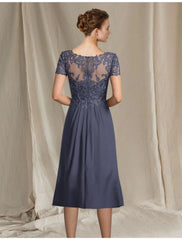 Aimishang A-Line Mother of the Bride Dress Plus Size Elegant V Neck Tea Length Chiffon Lace Short Sleeve with Pleats Appliques