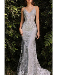 Mermaid / Trumpet Prom Dresses Celebrity Style Dress Graduation Prom Court Train Sleeveless V Neck Lace with Glitter Crystals Sequin