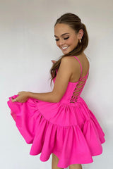 Cute A-line Spaghetti Straps Satin Pink Homecoming Dress, Hot Pink Short Graduation Dress