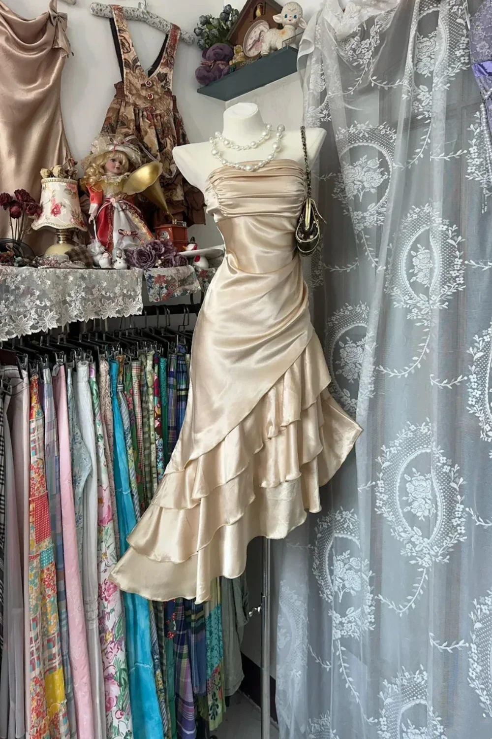 Champagne Short Ruffle Satin Homecoming Dress Birthday Dress Asymmetric