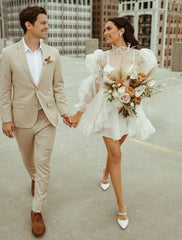 Aimishang Reception Little White Dresses Wedding Dresses A-Line High Neck Long Sleeve Short / Mini Organza Bridal Gowns With Pick Up Skirt Summer Wedding Party