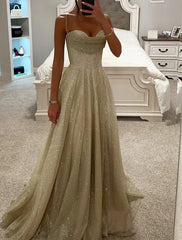 A-Line Prom Dresses Glittering Dress Formal Evening Party Sweep / Brush Train Sleeveless Cowl Neck Tulle with Glitter Slit