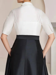 Aimishang A-Line Mother of the Bride Dress Formal Wedding Guest Party Elegant Shirt Collar Floor Length Taffeta Short Sleeve with Bow(s) Color Block