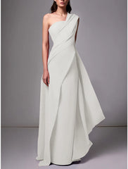 Sheath Evening Gown Red Green Dress Elegant Dress Formal Sweep / Brush Train Sleeveless One Shoulder Stretch Chiffon with Pleats Ruched