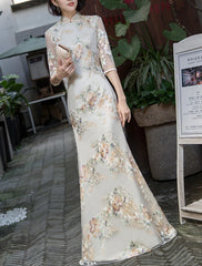 Sheath / Column Evening Gown Vintage Dress Wedding Guest Formal Evening Floor Length Half Sleeve High Neck Satin with Embroidery