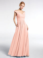 Off shoulder V-neck Maxi Dress with Pockets-Pearl Pink