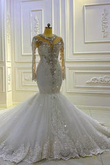 Glamorous Bateau Long Sleeves Pearl Sequins Mermaid Wedding Dress with Lace Appliques Beading