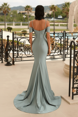 Glamorous Beaded Mermaid Prom Dress Sleeveless V-Neck Satin Evening Dress with Slit