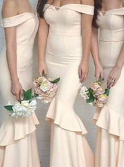 Glamorous Beige Mermaid Off-the-Shoulder Long Bridesmaid Dress with Ruffles