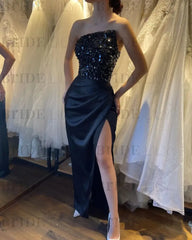 Glamorous Satin Black Prom Dress with Sequins Sleeveless High Slit Evening Dress