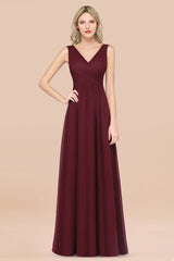Glamorous Chiffon V-Neck Sleeveless Burgundy Bridesmaid Dress
