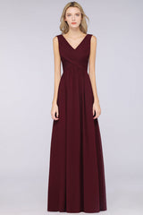 Glamorous Chiffon V-Neck Sleeveless Burgundy Bridesmaid Dress