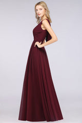 Glamorous Chiffon V-Neck Sleeveless Burgundy Bridesmaid Dress