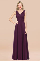 Glamorous Chiffon V-Neck Sleeveless Burgundy Bridesmaid Dress