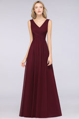 Glamorous Chiffon V-Neck Sleeveless Burgundy Bridesmaid Dress
